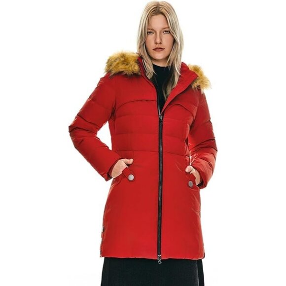 OROLAY sz M Qulited Puffer DUCK Down Jacket Red Winter coat parka faux fur hood - Picture 1 of 9